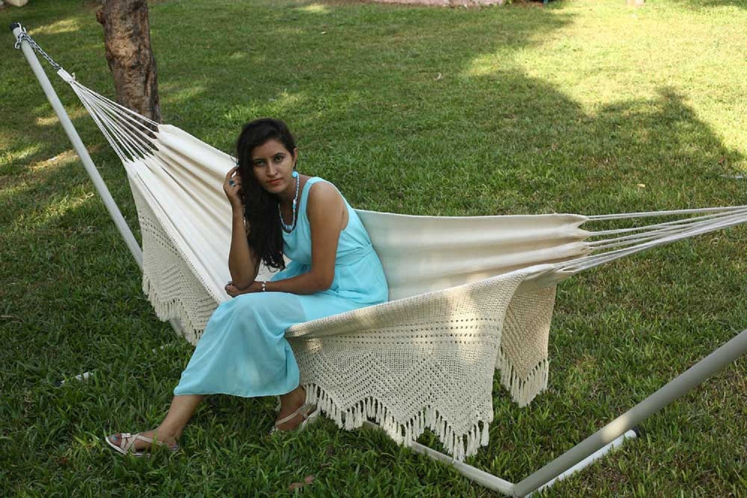 South American Natural Hammock With Decorative Crochet, Weight Capacity 180 kg- 150W X 396L cm