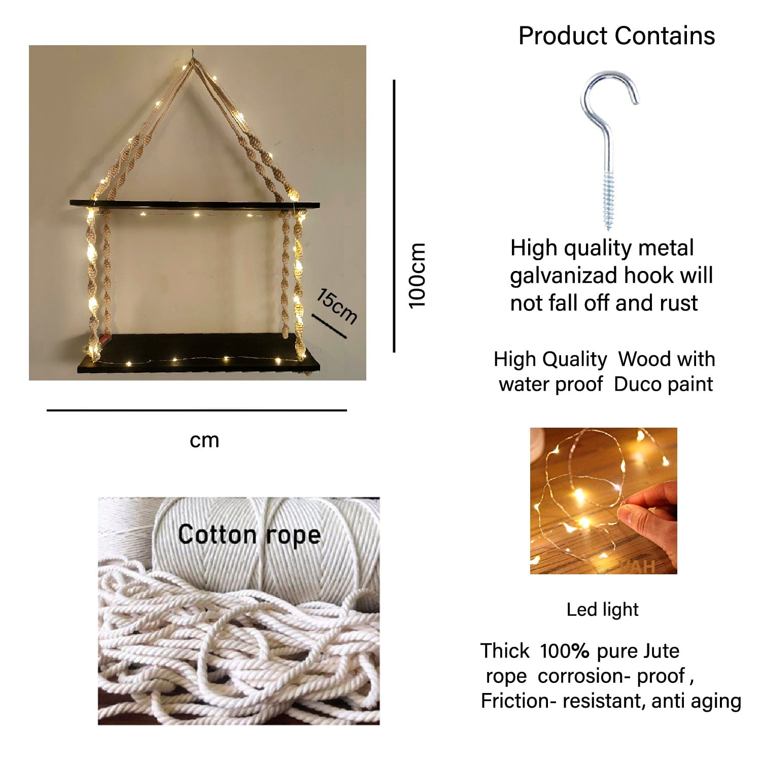 Tier-2 Black Macrame Knotting Wall Hanging Wall Shelf with LED Light