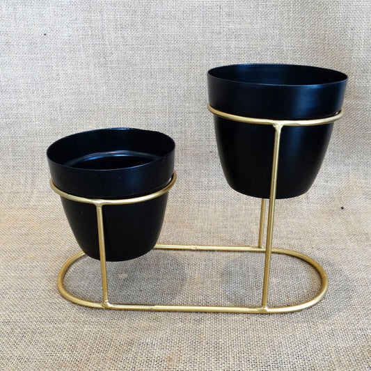YELLOWTABEL Metal Double Pot With Metal Stand, Black