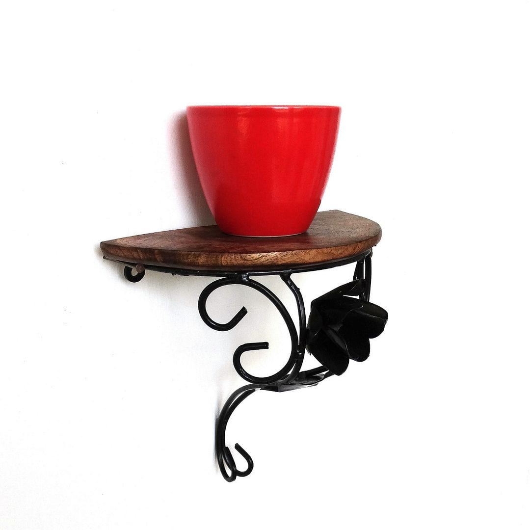 YELLOWTABLE Wall Shelf Bracket, Semi Circle with Flower Design, Wood & Metal