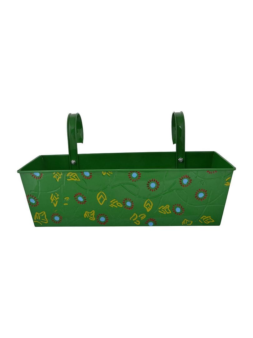 Green Girgit Handpainted Rectangle - Double Hook - Metal Railing Planter