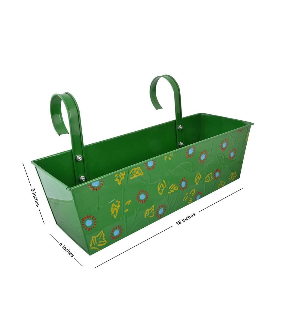 Green Girgit Handpainted Rectangle - Double Hook - Metal Railing Planter