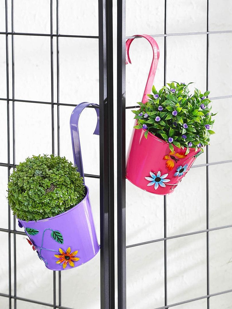 Green Girgit Flower Embossed Style - Single Hook - Metal Railing Pot (Set of 2)