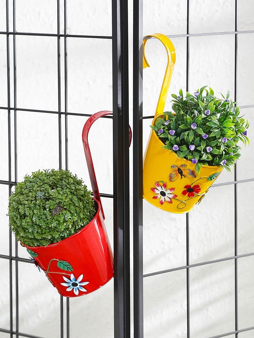 Green Girgit Flower Embossed Style - Single Hook - Metal Railing Pot (Set of 2)