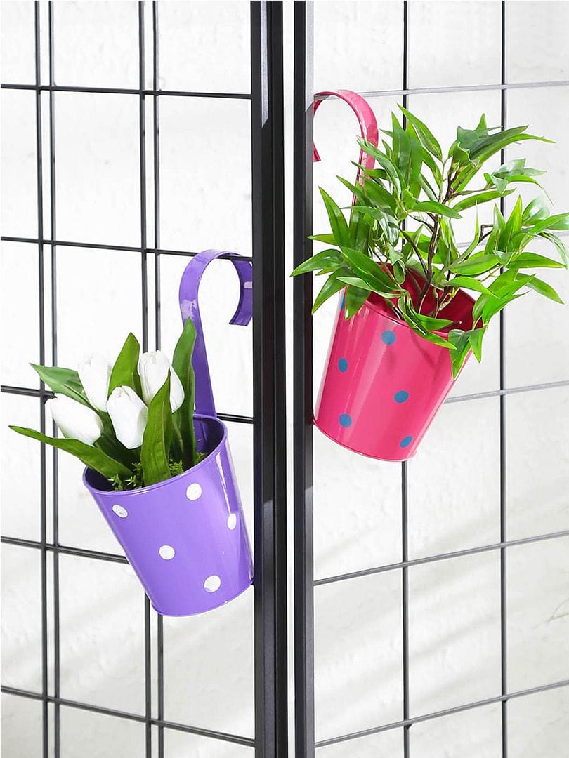 Green Girgit Polka Dot - Single Hook - Metal Railing Pot (Set of 2)