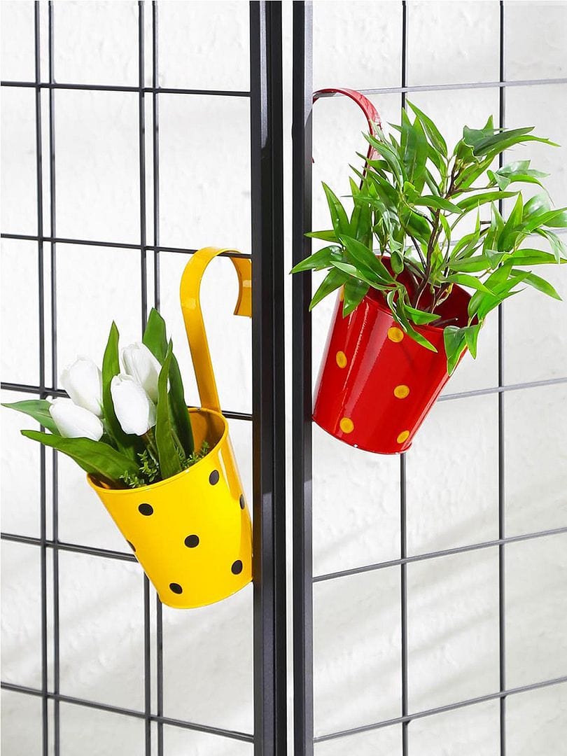 Green Girgit Polka Dot - Single Hook - Metal Railing Pot (Set of 2)