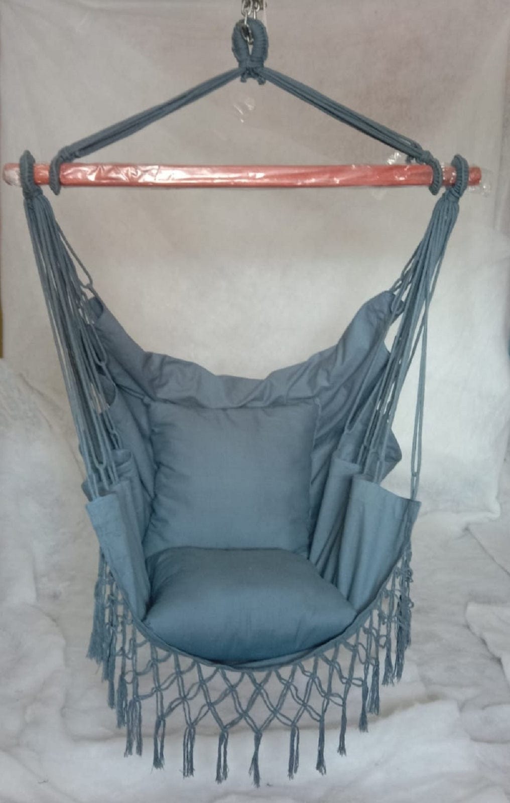 Macrame Swing Chair With Deco Fringes and Cushions