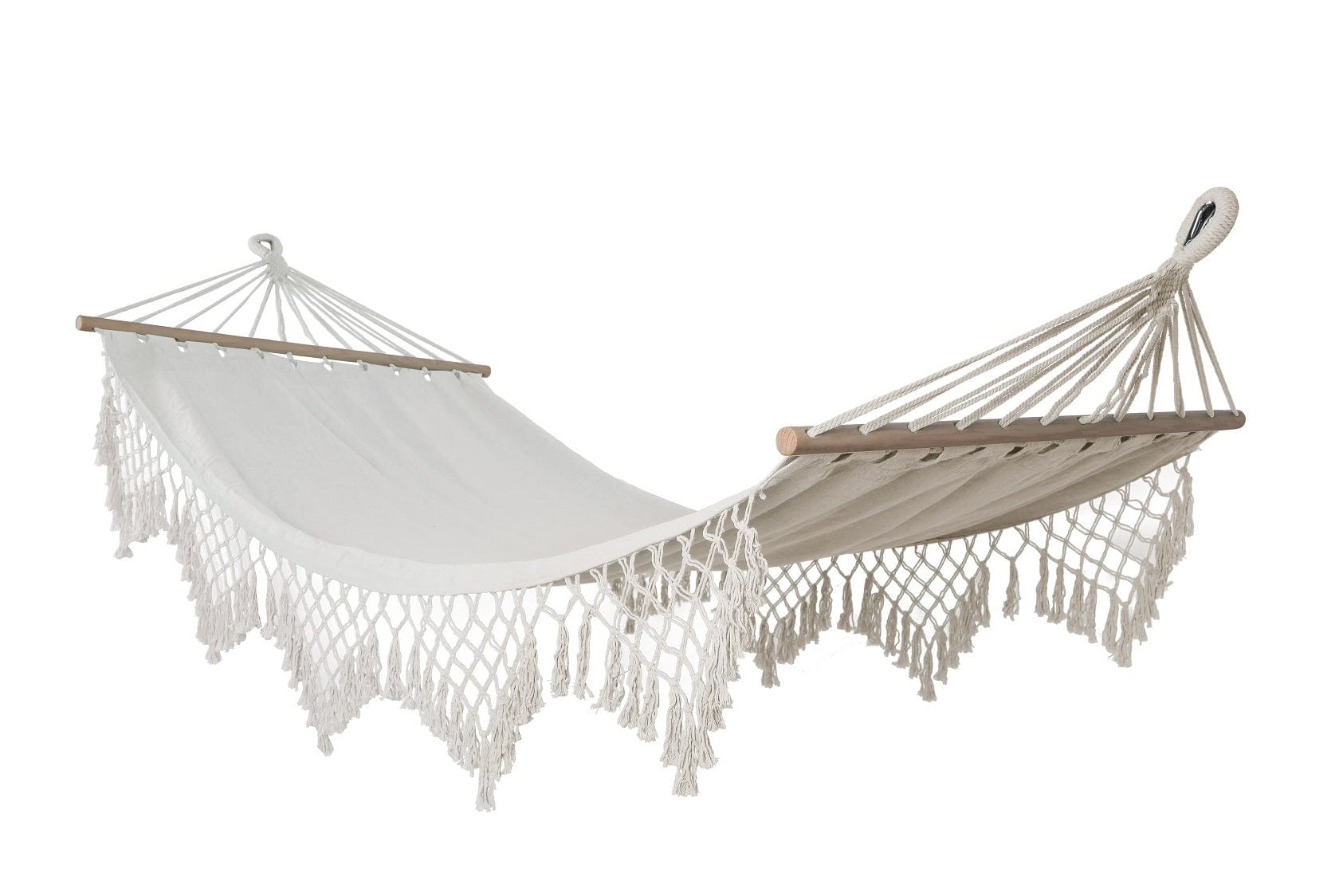 Natural Sling Hammock With Decorative Fringes and Spreader Bars, Weight capacity 115Kg- 90W X 335L cm Long