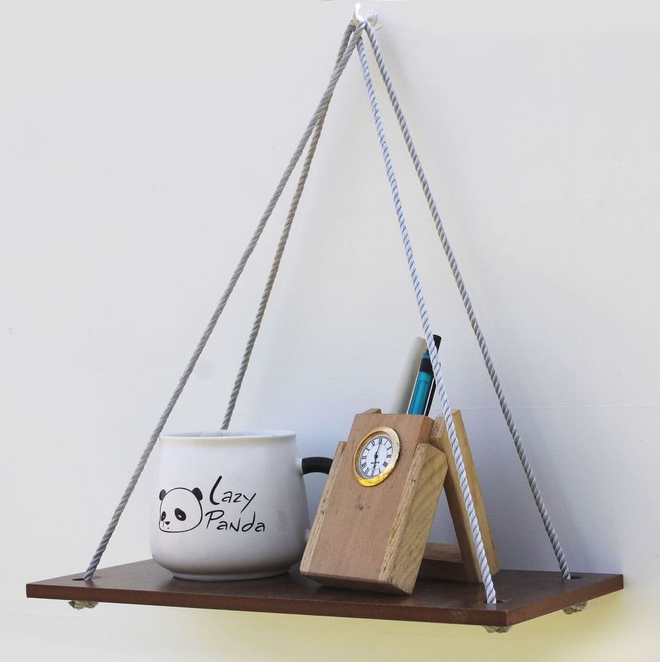 Wooden 1 Layer Wall Shelf With Grey Jute Rope