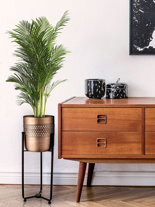 Green Girgit Golden Hammered Metal Pot With Metal Planter Stand