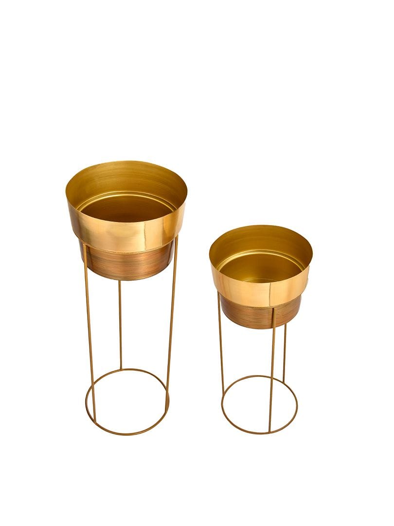 Green Girgit Golden Metal Planters With Stand (Set of 2)