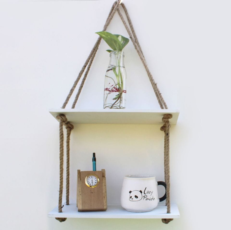 White Wood 2 Layer Wall Floating Wall Shelf With Rope
