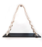 Tier 1 Wood Floating Black Wall Hanging Shelves With Curved Ropes