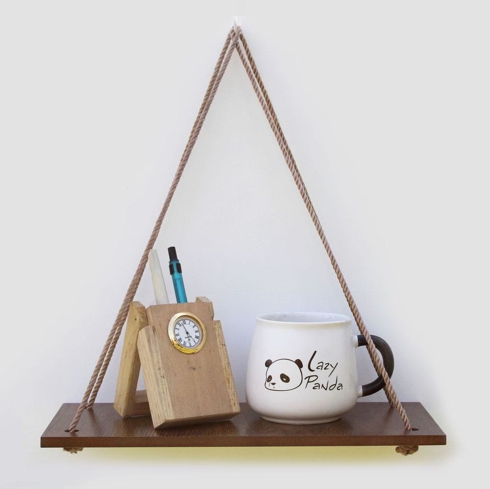 Wooden 1 Layer Wall Shelf With Golden Jute Rope