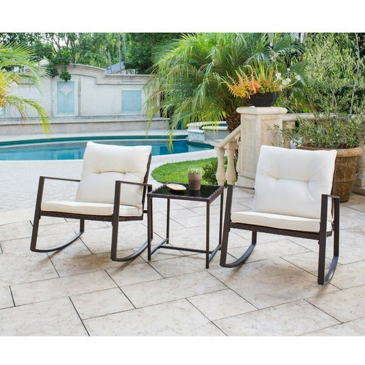 Dreamline Outdoor Garden/Balcony Patio Seating Set 1+2, 2 Rocking Style Chairs And Table Set (White)