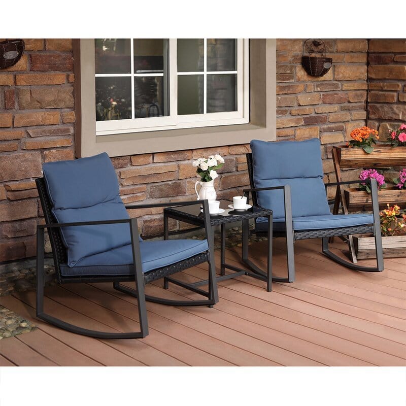 Dreamline Outdoor Garden/Balcony Patio Seating Set 1+2, 2 Rocking Style Chairs And Table Set (Black)