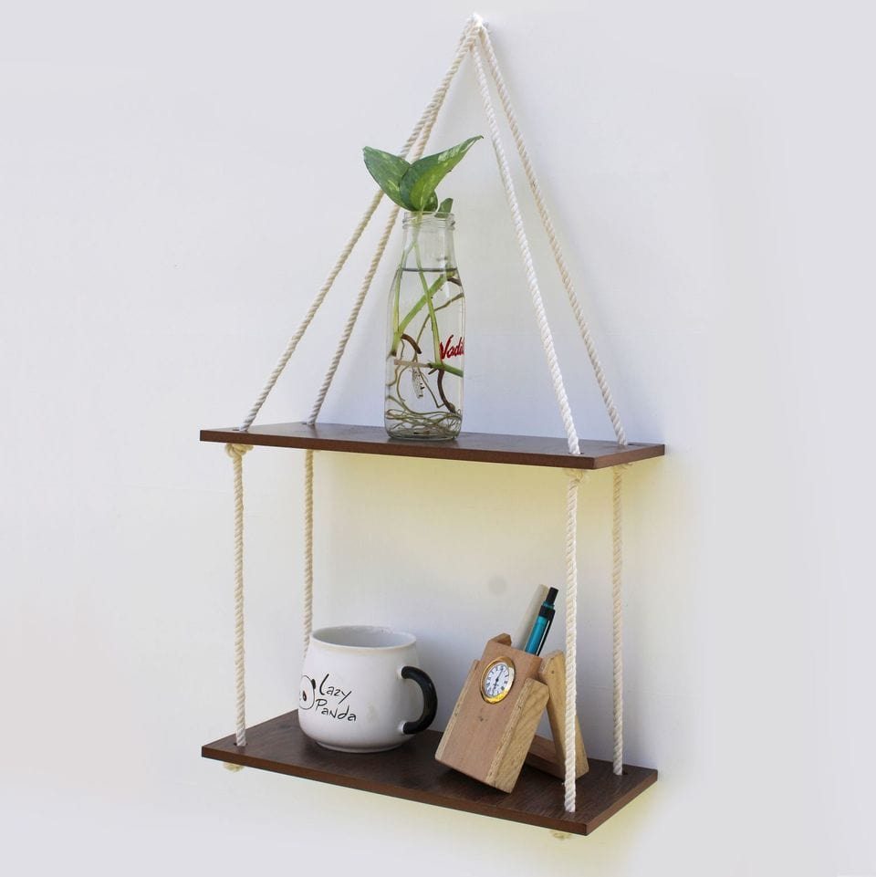 Wooden 2 Layer Wall Shelf With White Jute Rope