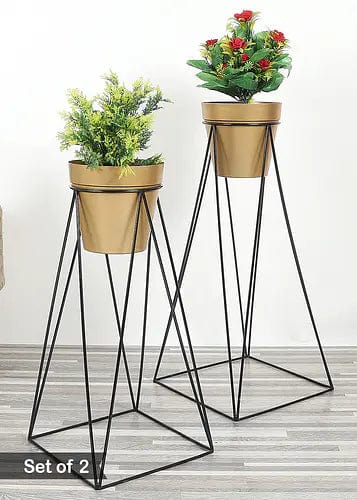 Amaya Decors Pot Shape Planter (Gold) with Wide Stand - Set of 2