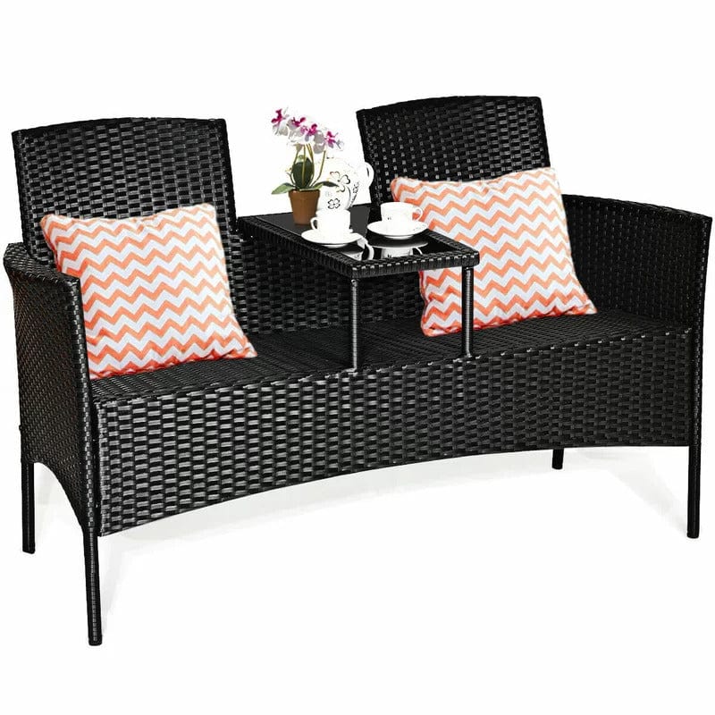 Dreamline Outdoor Furniture Garden Patio Seating Set of 2 Attached Chairs And Table Set (Black)