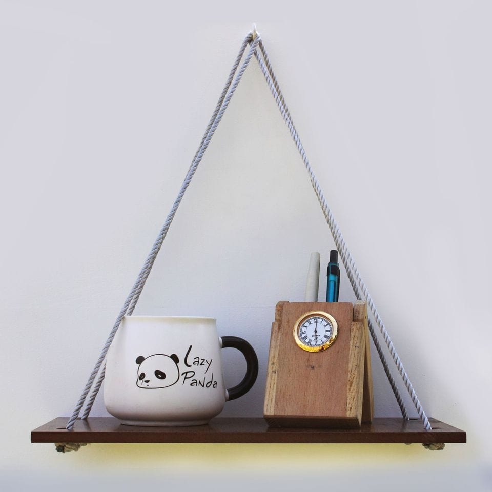 Wooden 1 Layer Wall Shelf With Grey Jute Rope